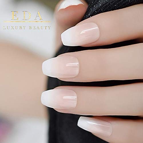 Soft Glow | Natural | Nude Pink, Ombre White French | Glossy | Coffin | Long | Reusable Press On Nails Set