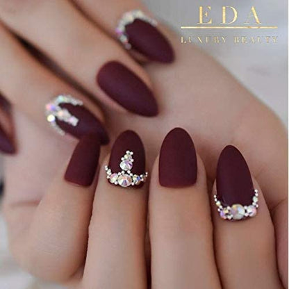 Prestige Passion | Diamond Red Burgundy | 3D Crystal Design | Nail Art | Matte | Stiletto | Long | Reusable Press On Nails Set