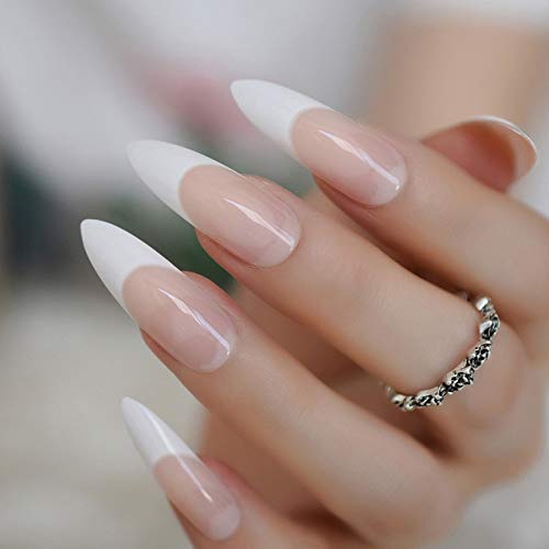 Chic Blanc | Natural | Nude Pink, White French | Glossy | Sharp, Stiletto | Extra Long | Reusable Press On Nails Set