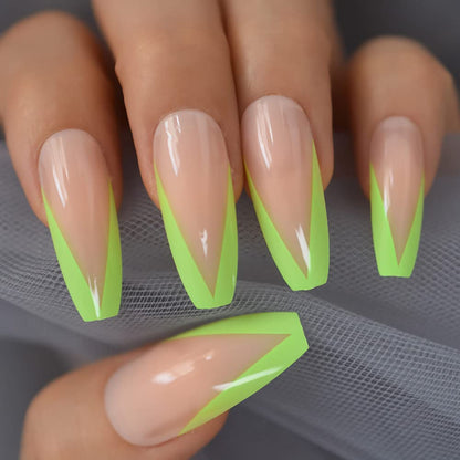 Lime Love | Natural | Nude Pink, Green V French | Glossy | Ballerina | Extra Long | Reusable Press On Nails Set