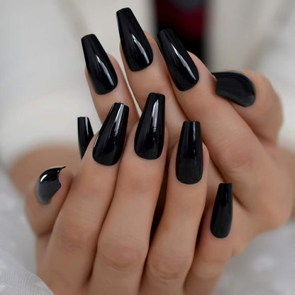 Noir Majesty | Black | Glossy | Halloween Design | Ballerina | Extra Long | Reusable Press On Nails Set