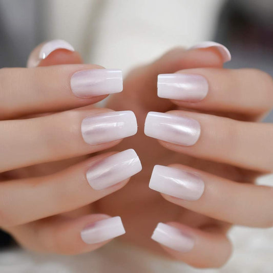 Elegance Diva | Pearl Pink, Ombre White French | Glossy | Square | Long | Reusable Press On Nails Set