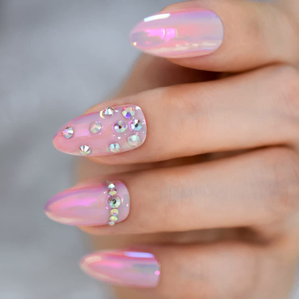 Cotton Candy | Diamond Pink | 3D Crystal Design | Nail Art | Glossy, Metallic | Stiletto | Long | Reusable Press On Nails Set