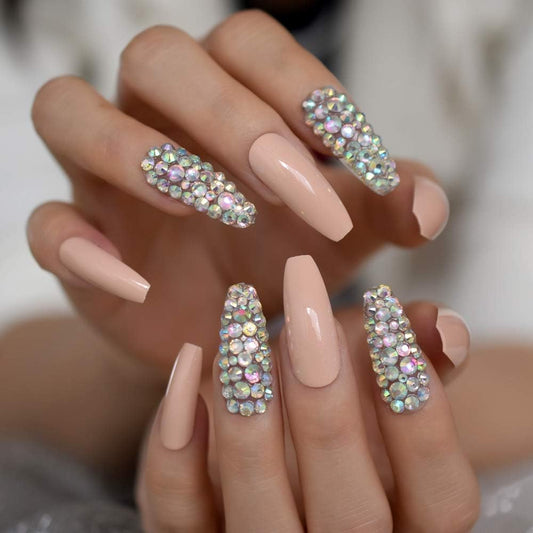 Sugar Spice | Diamond Nude Pink | 3D Crystal Design | Nail Art | Glossy | Ballerina | Extra Long | Reusable Press On Nails Set