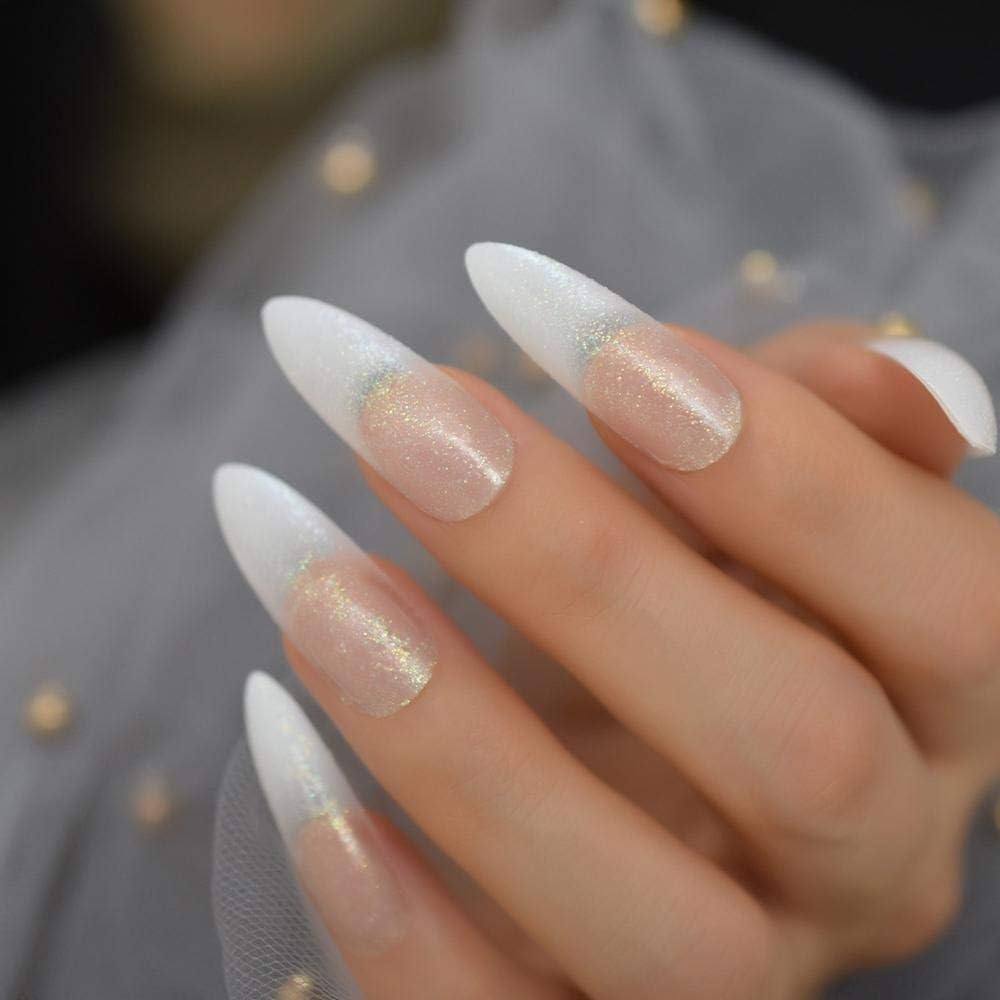 Twinkle Spark | Nude Pink, Glitter Ombre White French | Matte | Sharp, Stiletto | Extra Long | Reusable Press On Nails Set