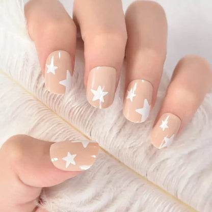 Bright Star | Beige, White | Glossy | Square | Short, Medium | Reusable Press On Nails Set