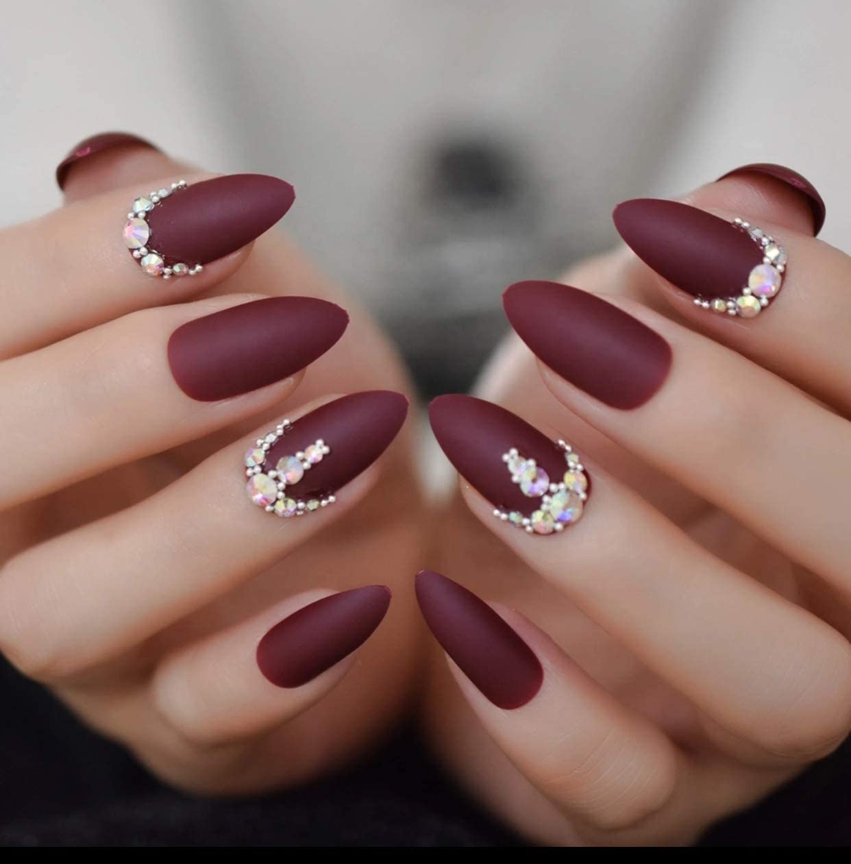 Prestige Passion | Diamond Red Burgundy | 3D Crystal Design | Nail Art | Matte | Stiletto | Long | Reusable Press On Nails Set