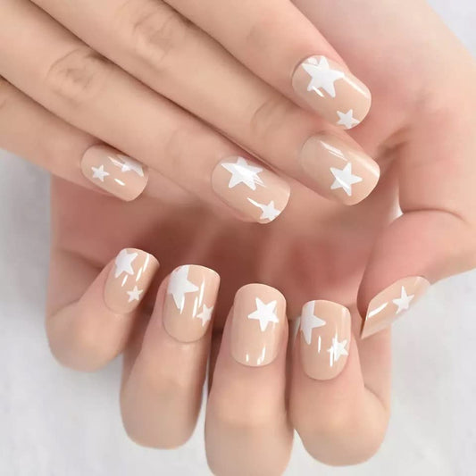 Bright Star | Beige, White | Glossy | Square | Short, Medium | Reusable Press On Nails Set