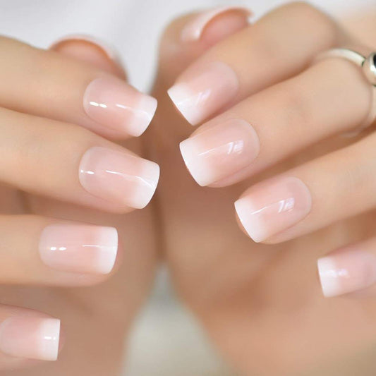 Pure Glow  | Nude Pink, White Ombre French | Natural | Glossy | Square | Short, Medium | Reusable Press On Nails Set