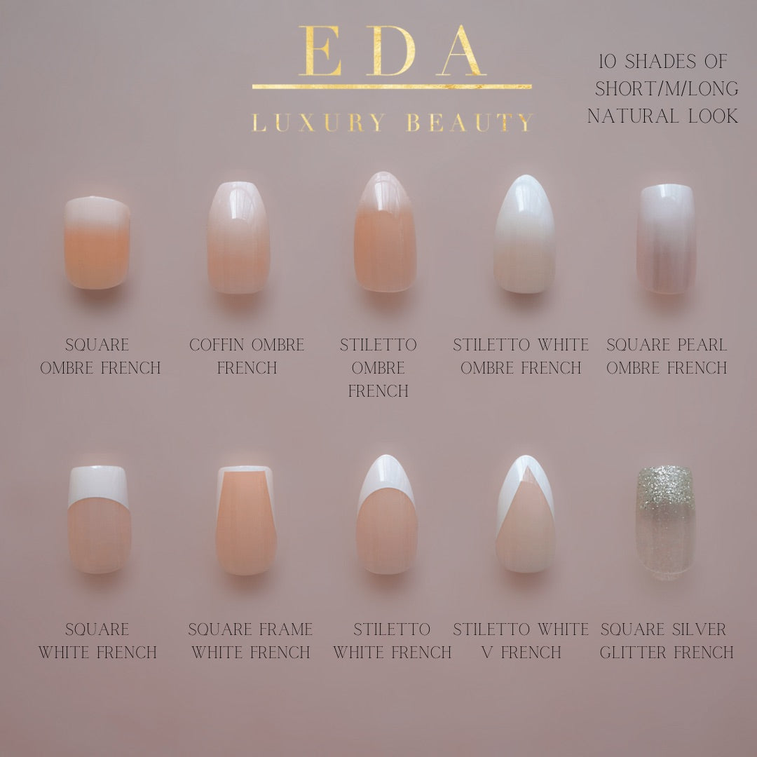 Elegance Diva | Pearl Pink, Ombre White French | Glossy | Square | Long | Reusable Press On Nails Set