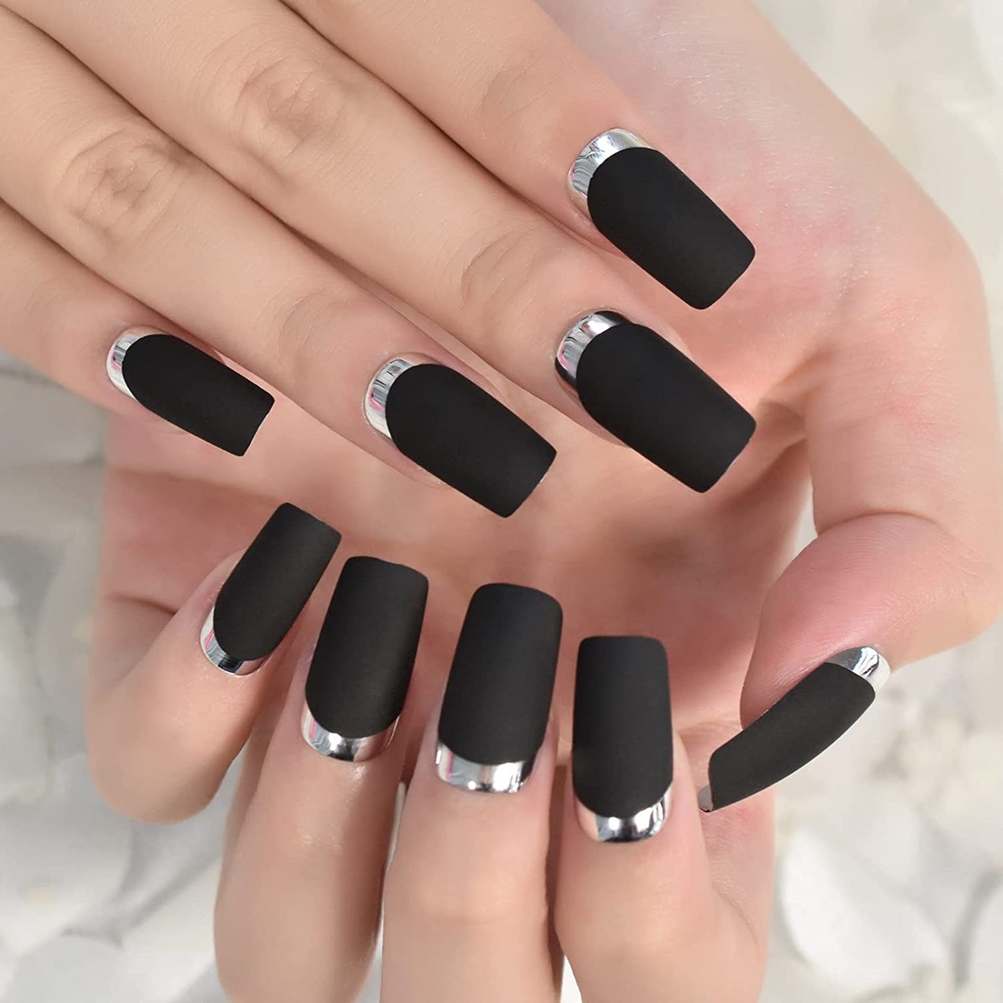 Charcoal Chic | Black, Silver Chrome French | Matte | Square | Long | Reusable Press On Nails Set