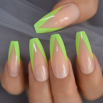 Lime Love | Natural | Nude Pink, Green V French | Glossy | Ballerina | Extra Long | Reusable Press On Nails Set