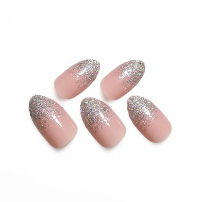 Shimmer Star | Nude Pink, Ombre Silver Glitter French | Glossy | Stiletto | Long | Reusable Press On Nails Set