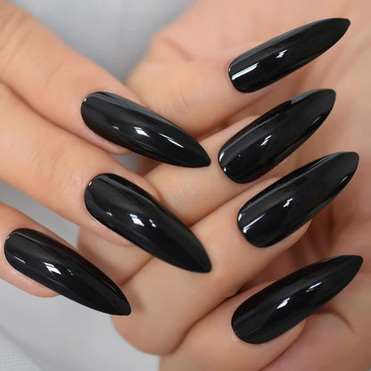 Jet Vamp | Black | Glossy | Halloween Design | Sharp, Stiletto | Extra Long | Reusable Press On Nails Set