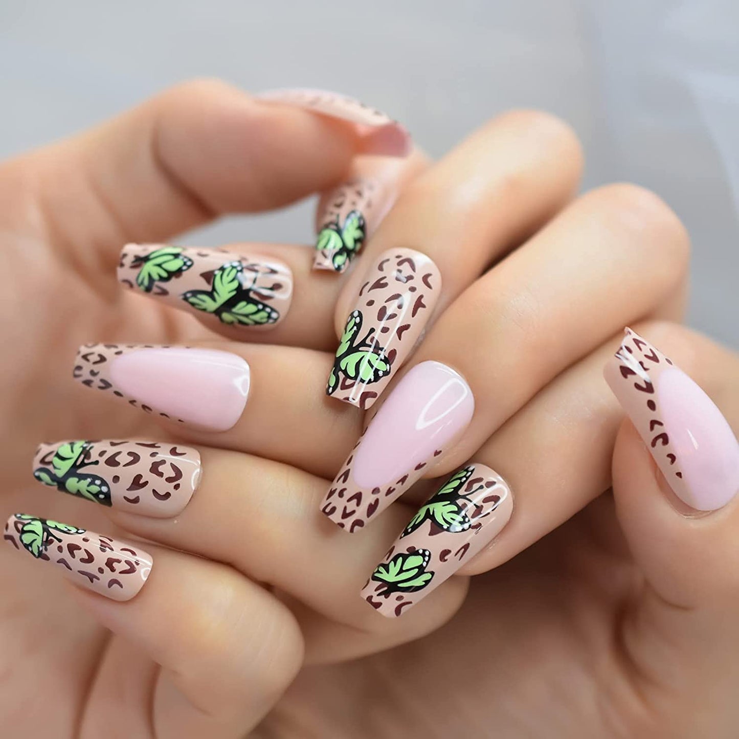 Chic Safari | Nude Pink, Cheetah French | Animal Print | Glossy | Ballerina | Extra Long | Reusable Press On Nails Set