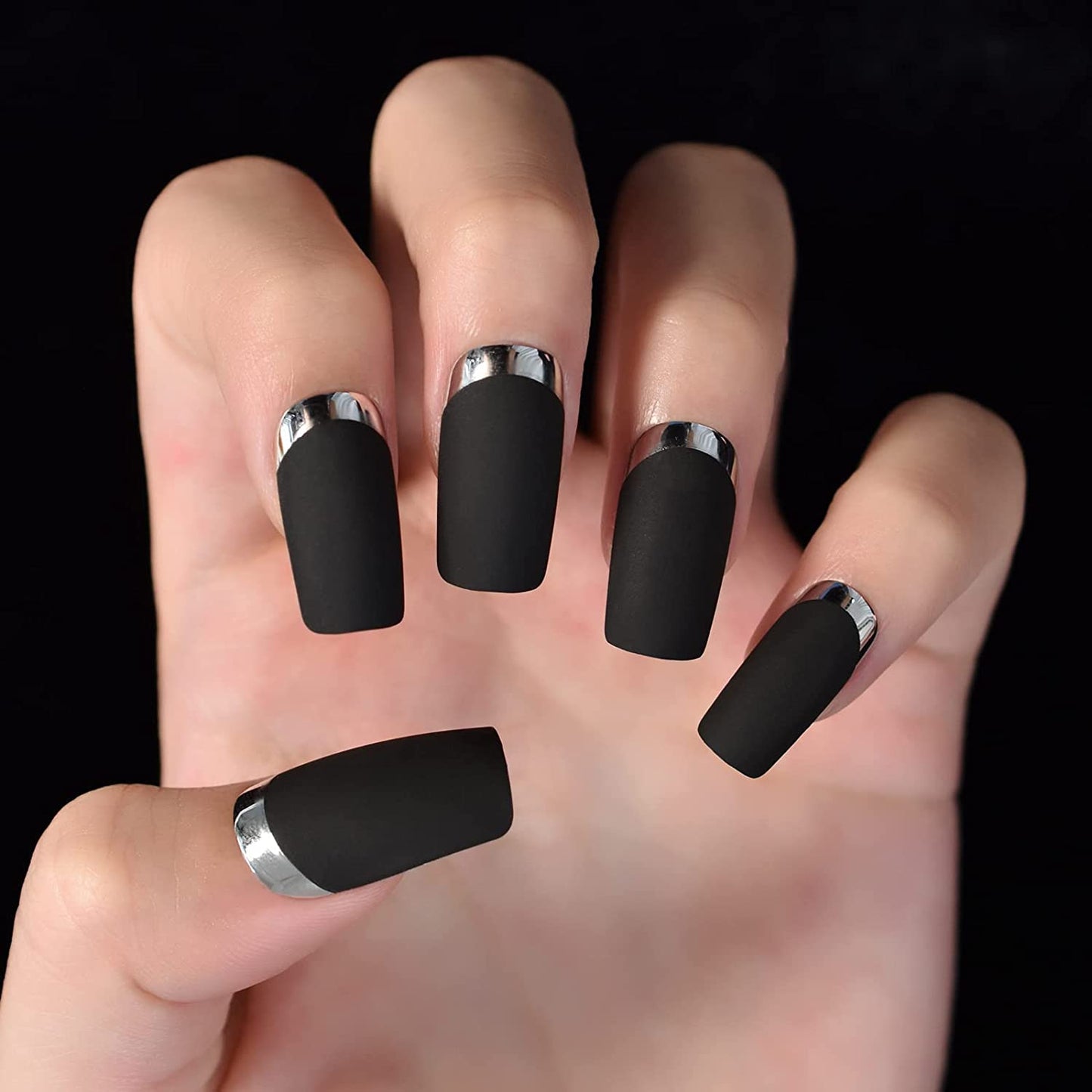 Charcoal Chic | Black, Silver Chrome French | Matte | Square | Long | Reusable Press On Nails Set