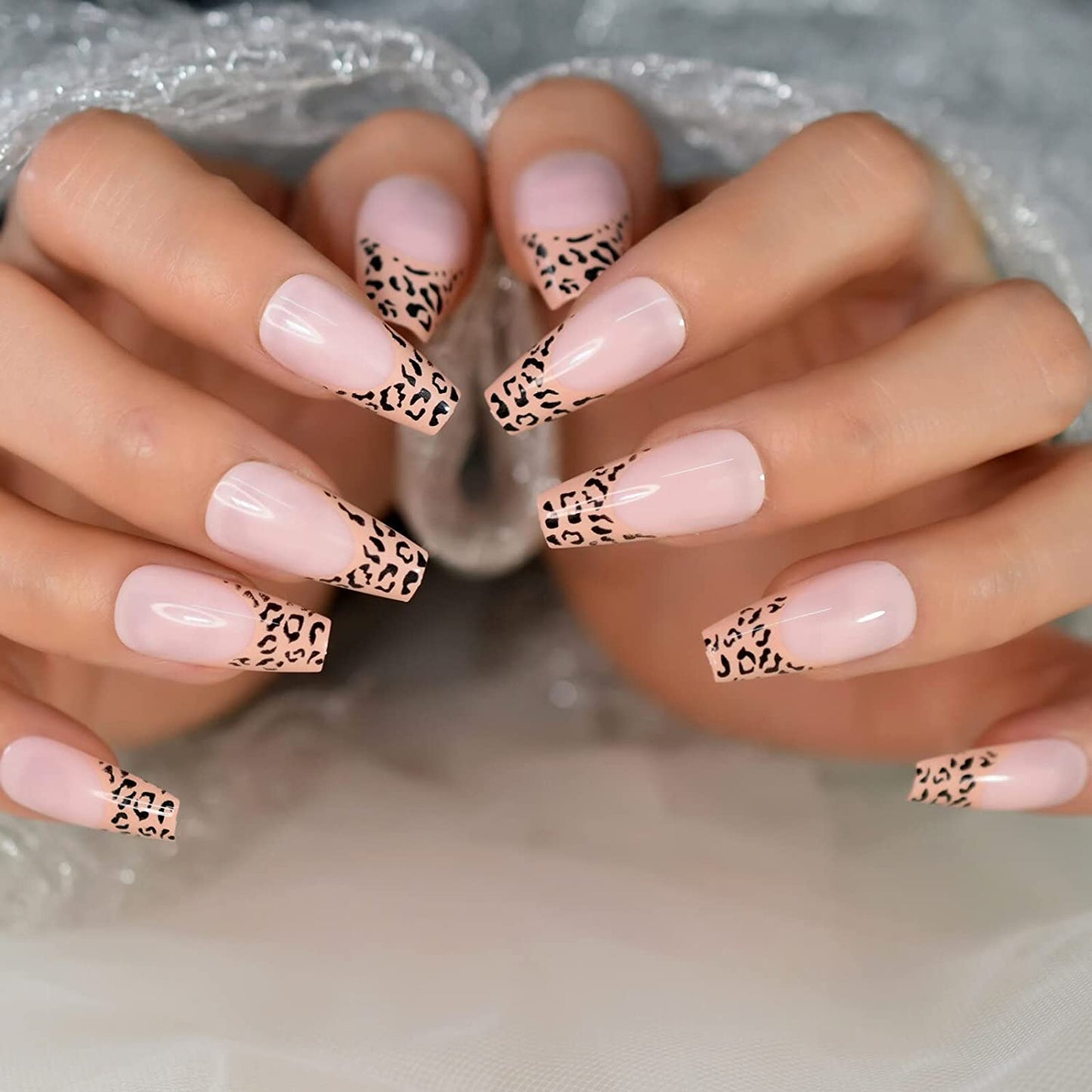 Wild Meow | Nude Pink, Black Cheetah French | Animal Print | Glossy | Ballerina | Extra Long | Reusable Press On Nails Set