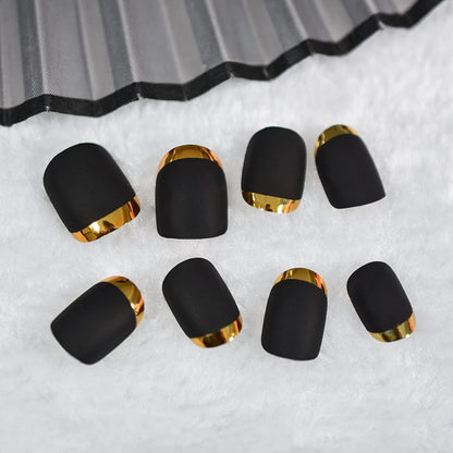 Velvet Magic | Black, Gold Chrome French | Matte | Square | Short | Reusable Press On Nails Set