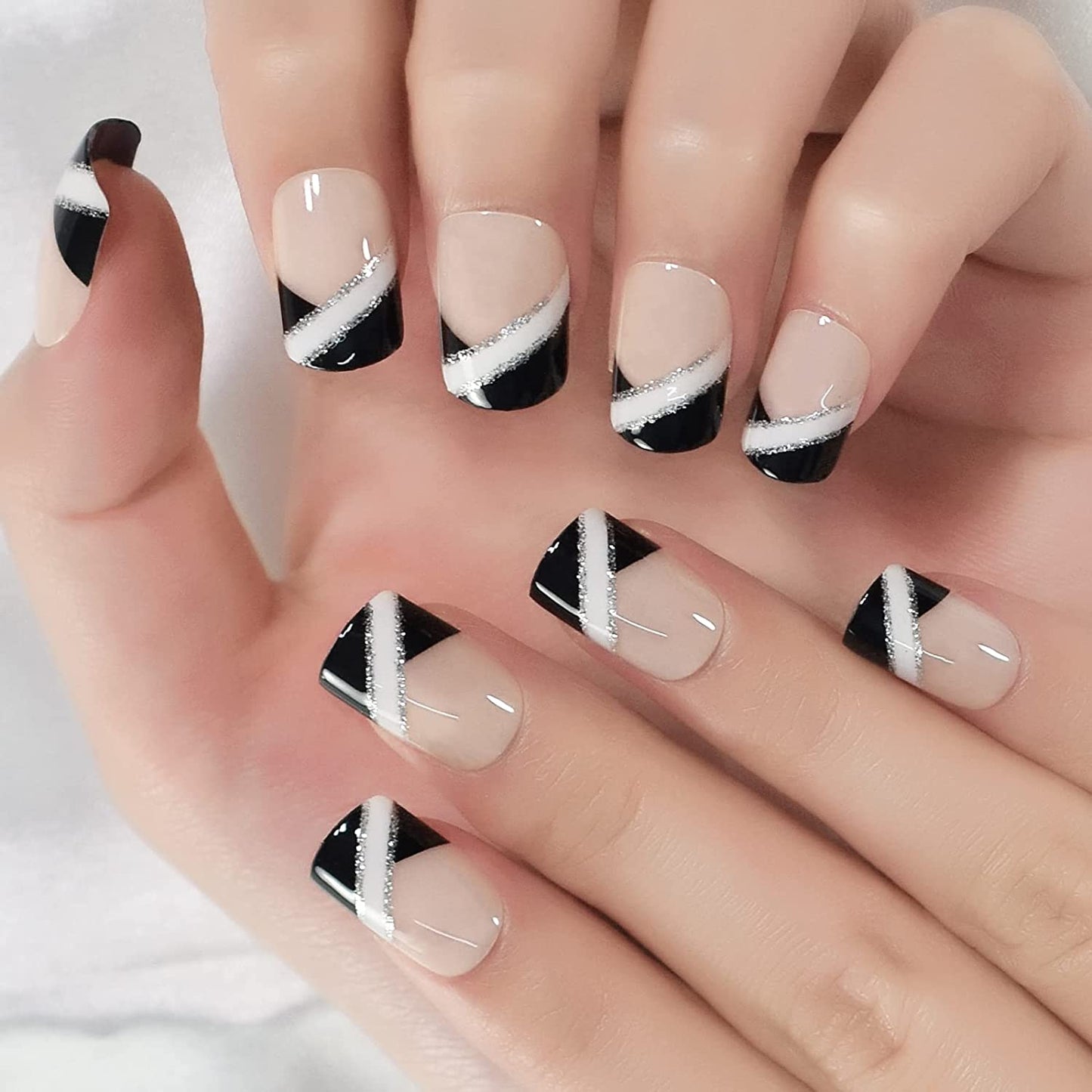 Disco Pop | Black, White Glitter French | Glossy | Square | Short, Medium | Reusable Press On Nails Set