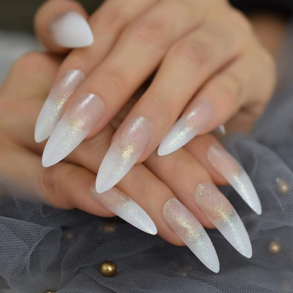 Twinkle Spark | Nude Pink, Glitter Ombre White French | Matte | Sharp, Stiletto | Extra Long | Reusable Press On Nails Set