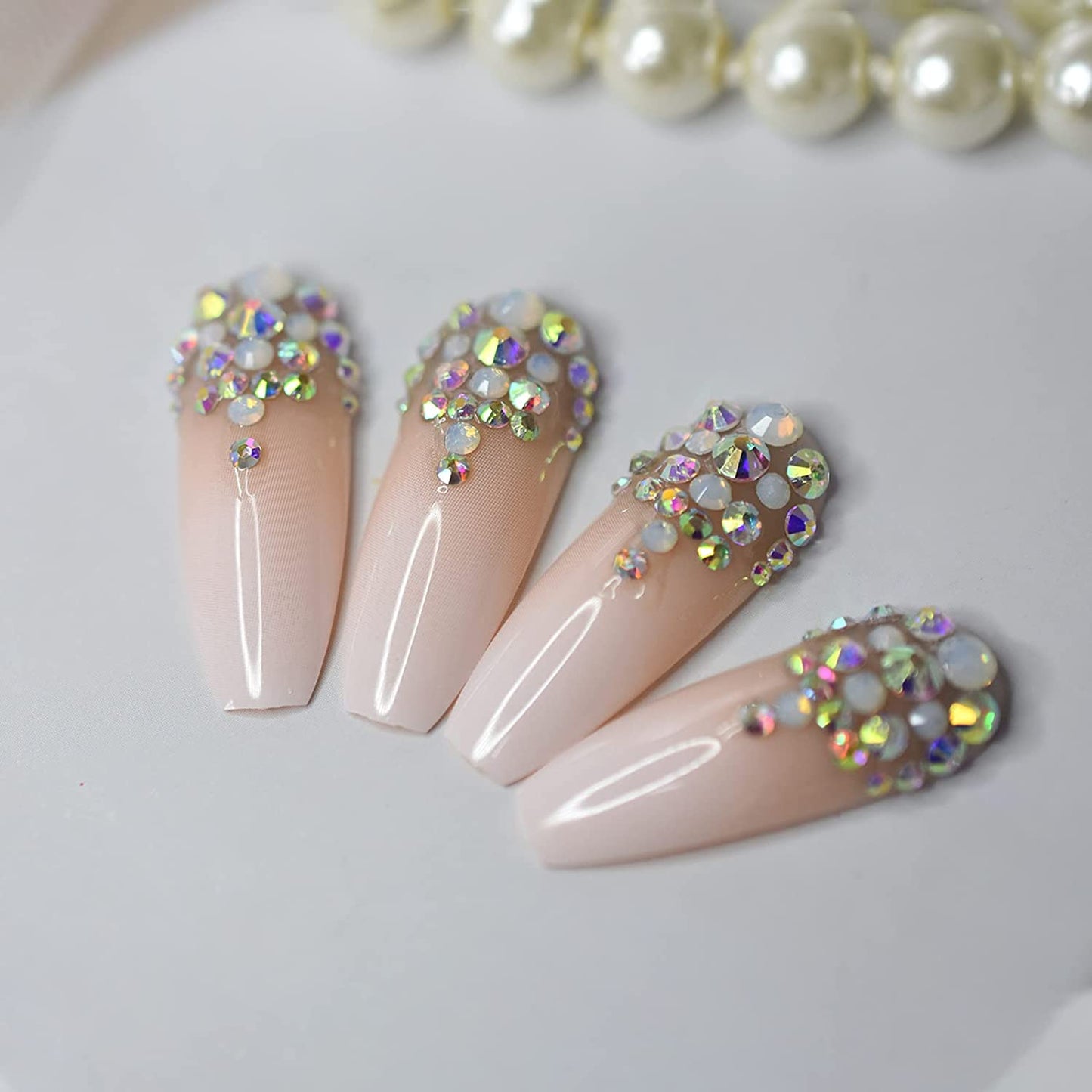 Sparkle Pop | Diamond Nude Pink, White Ombre French | 3D Crystal Design | Nail Art | Glossy | Ballerina | Extra Long | Reusable Press On Nails Set