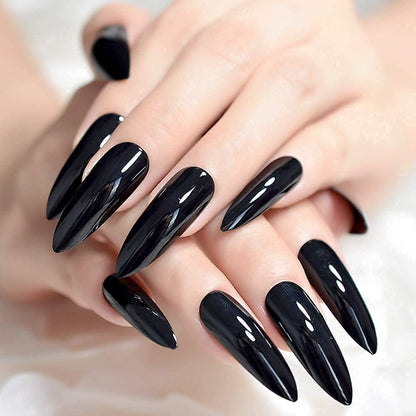 Jet Vamp | Black | Glossy | Halloween Design | Sharp, Stiletto | Extra Long | Reusable Press On Nails Set