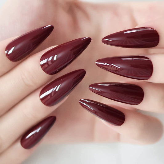 Maroon Magic | Red Burgundy | Glossy | Sharp, Stiletto | Extra Long | Reusable Press On Nails Set