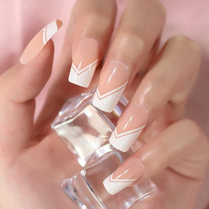 Chic Château | Natural | Nude Pink, White French | Glossy | Square | Long | Reusable Press On Nails Set