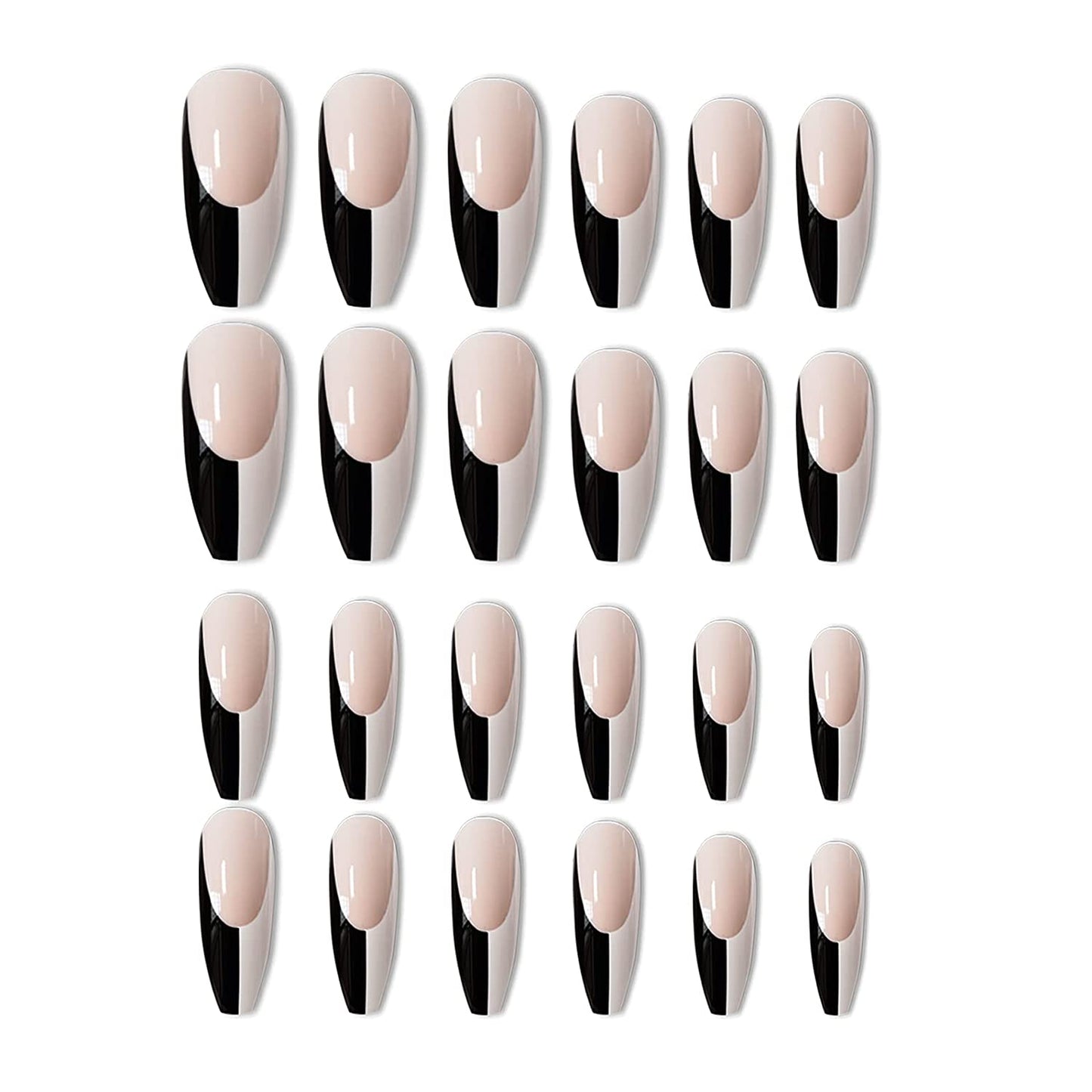 Rose Noir | Nude Pink, Black White French | Glossy | Ballerina | Extra Long | Reusable Press On Nails Set