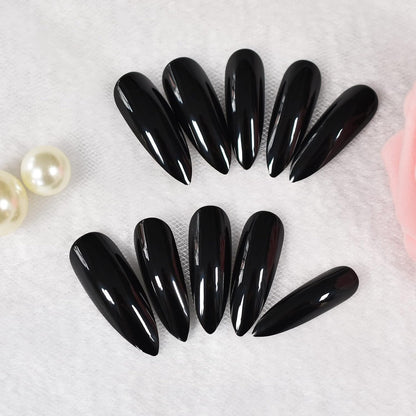 Jet Vamp | Black | Glossy | Halloween Design | Sharp, Stiletto | Extra Long | Reusable Press On Nails Set