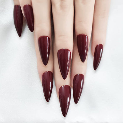 Maroon Magic | Red Burgundy | Glossy | Sharp, Stiletto | Extra Long | Reusable Press On Nails Set