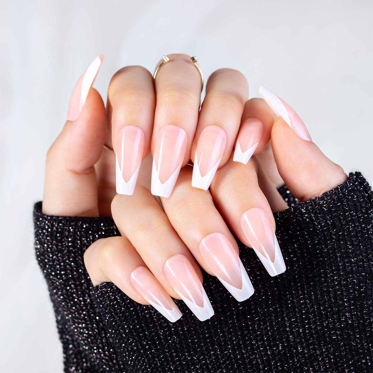 Elegant Vibe | Natural | Nude Pink, White V French | Glossy | Ballerina | Extra Long | Reusable Press On Nails Set