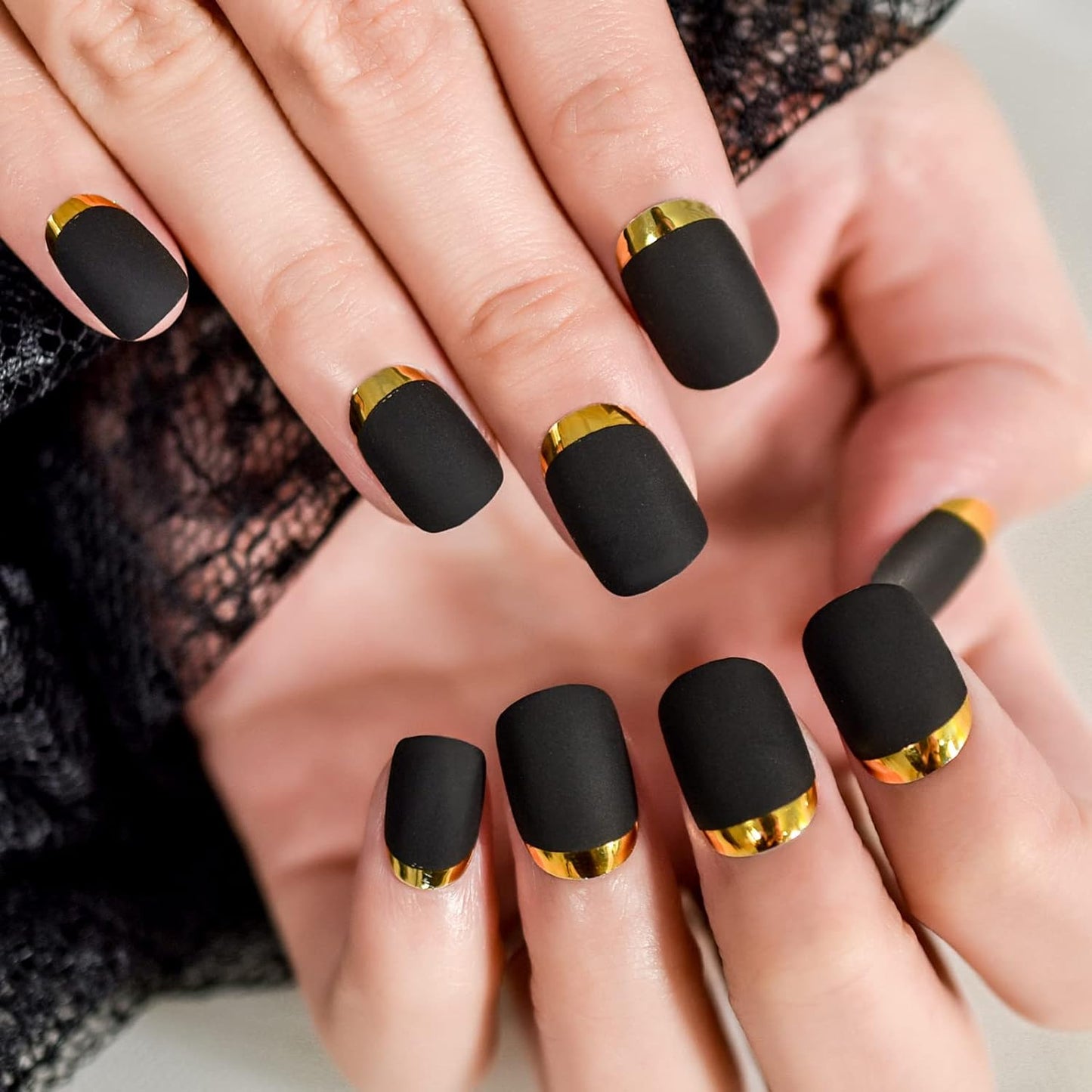 Velvet Magic | Black, Gold Chrome French | Matte | Square | Short | Reusable Press On Nails Set