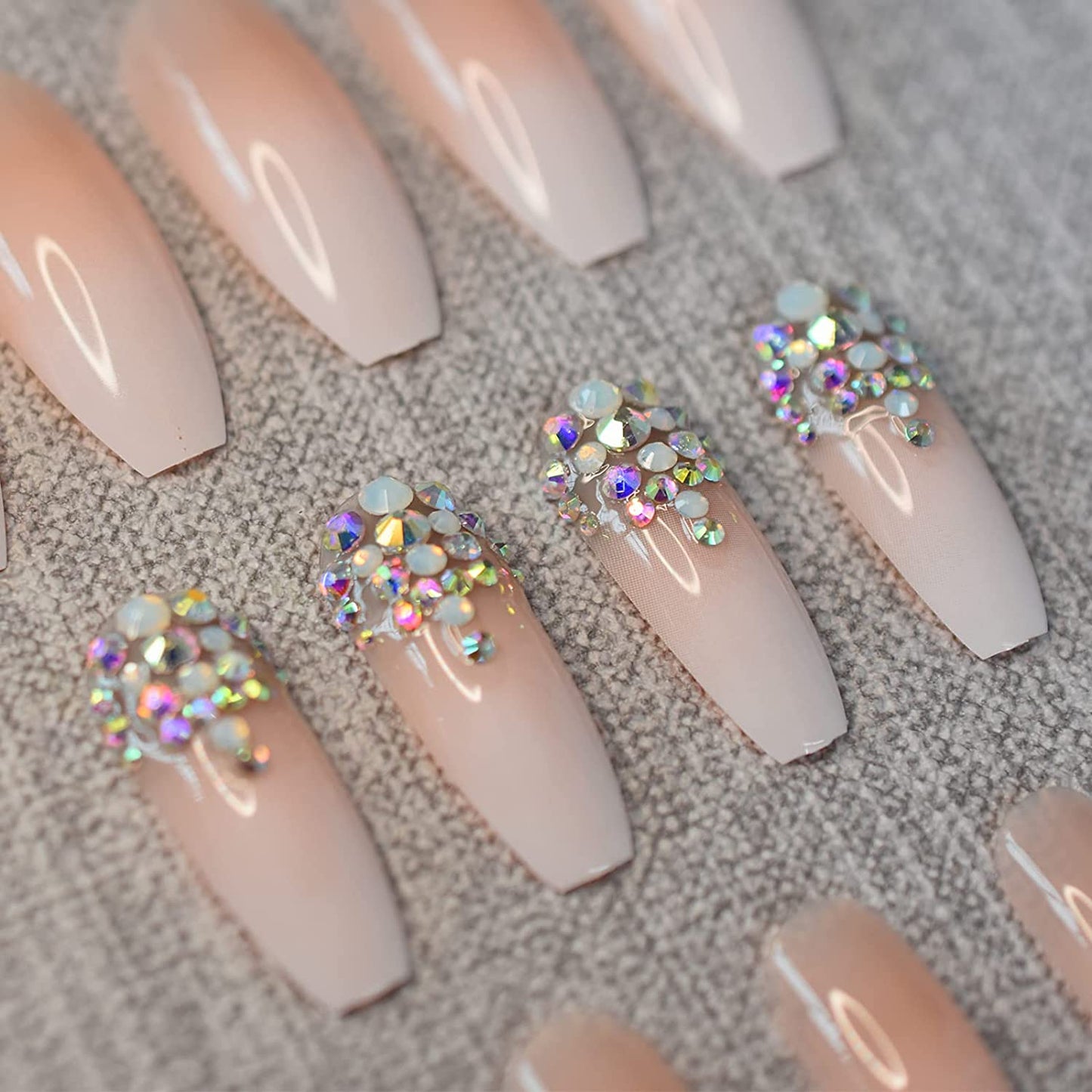 Sparkle Pop | Diamond Nude Pink, White Ombre French | 3D Crystal Design | Nail Art | Glossy | Ballerina | Extra Long | Reusable Press On Nails Set