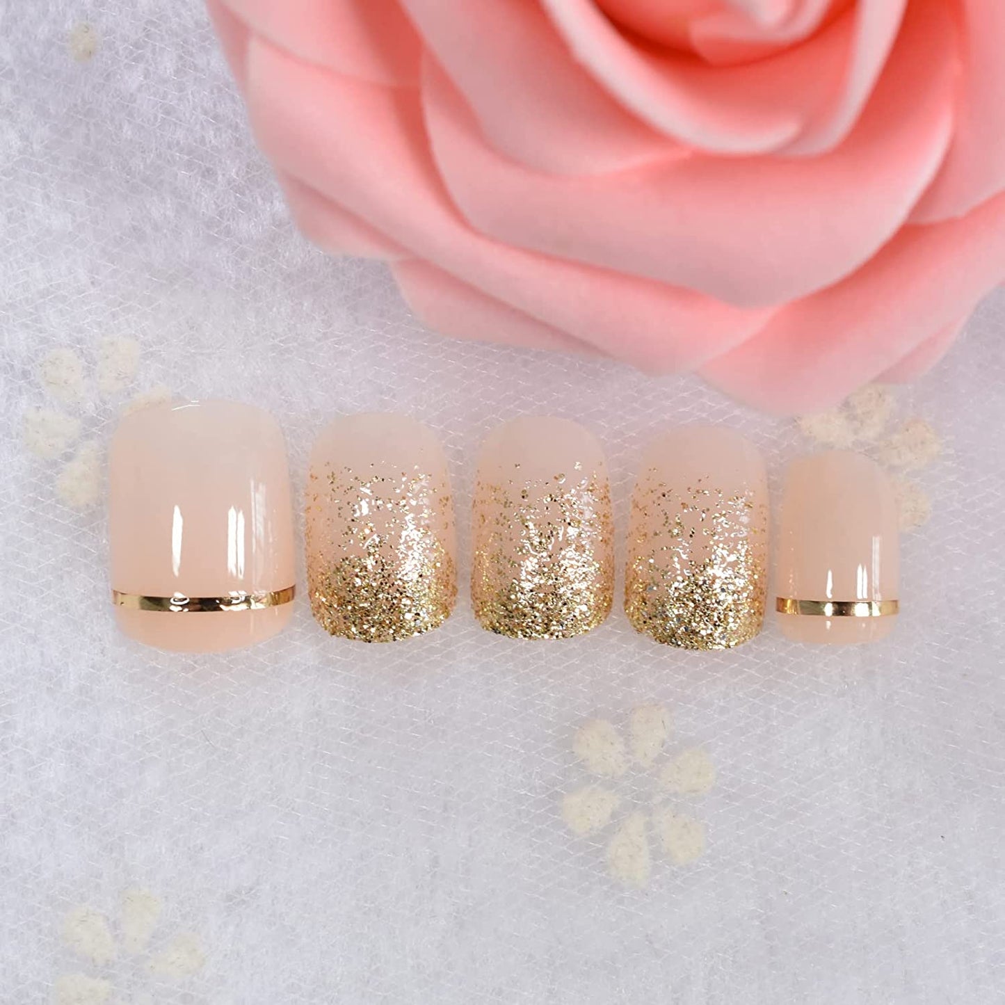 Golden Lines | Nude Pink, Glitter Ombre Gold French | Shimmer, Stripes Design | Glossy | Square | Short, Medium | Reusable Press On Nails Set