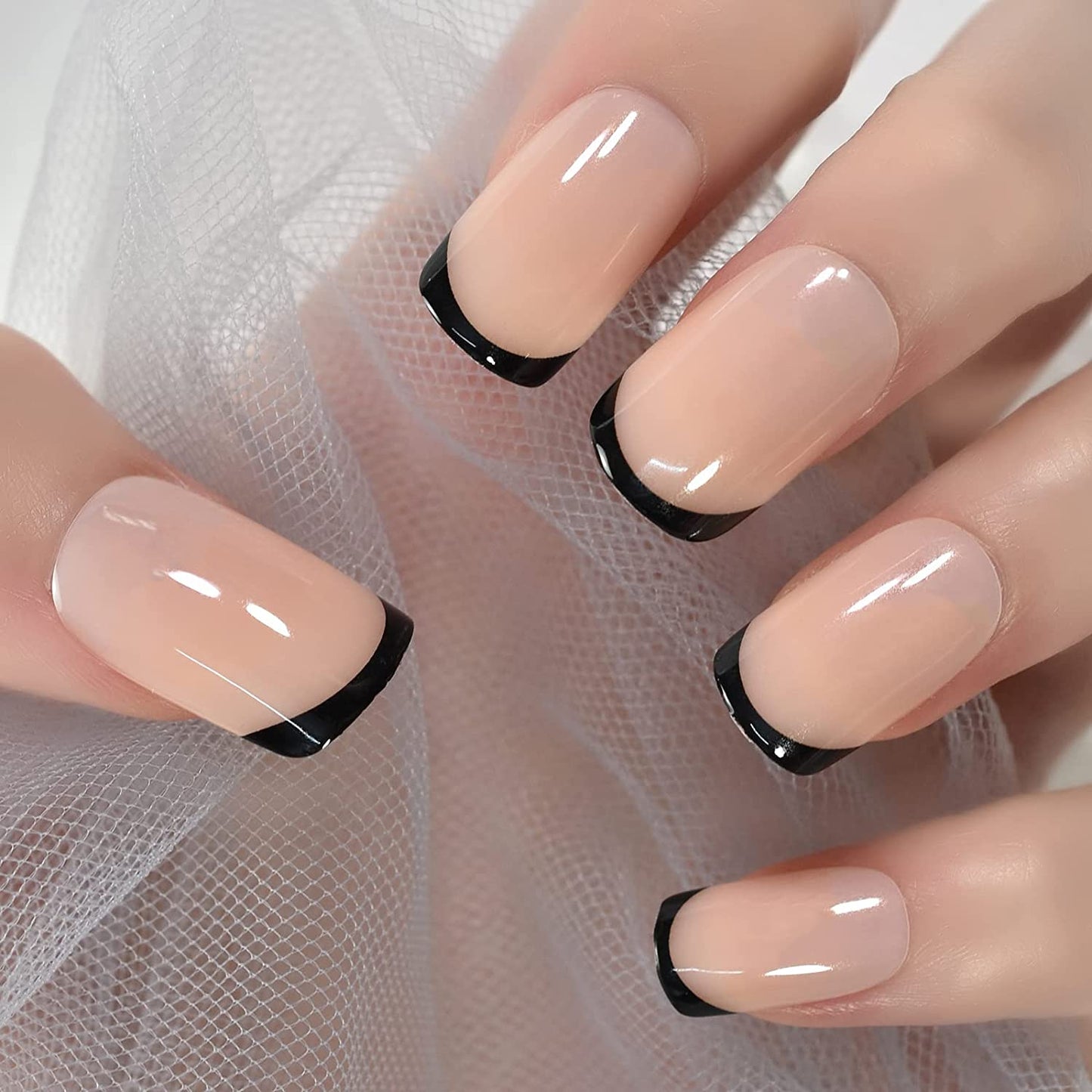 French Roast | Natural | Nude Pink, Black French | Glossy | Square | Long | Reusable Press On Nails Set