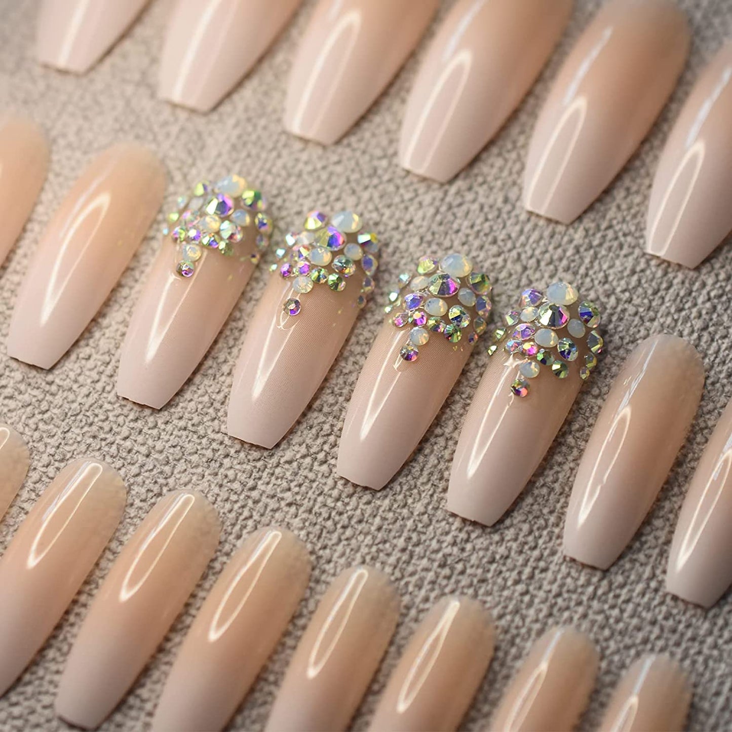 Sparkle Pop | Diamond Nude Pink, White Ombre French | 3D Crystal Design | Nail Art | Glossy | Ballerina | Extra Long | Reusable Press On Nails Set