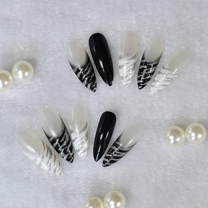 Shiny Zebra | Black, White Glitter French | Animal Print | Glossy | Sharp, Stiletto | Extra Long | Reusable Press On Nails Set