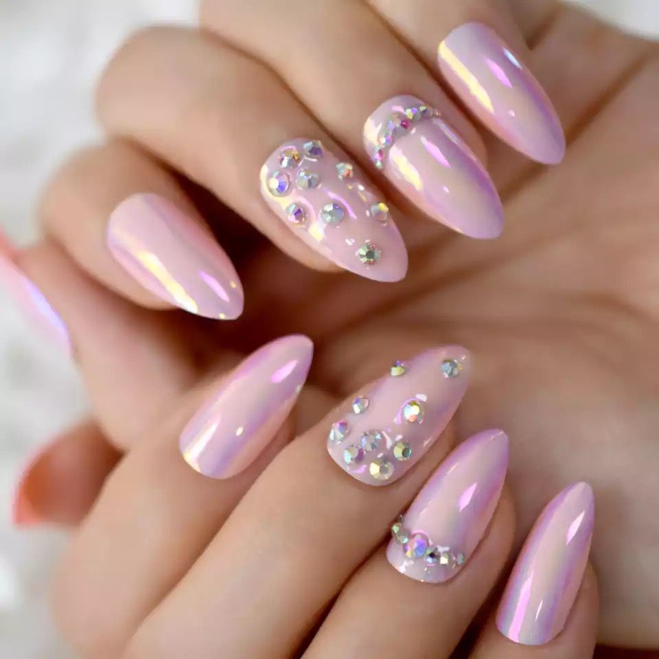 Cotton Candy | Diamond Pink | 3D Crystal Design | Nail Art | Glossy, Metallic | Stiletto | Long | Reusable Press On Nails Set