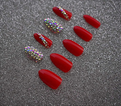 Passion Chic | Diamond Red | 3D Crystal Design | Nail Art | Glossy | Stiletto | Long | Reusable Press On Nails Set