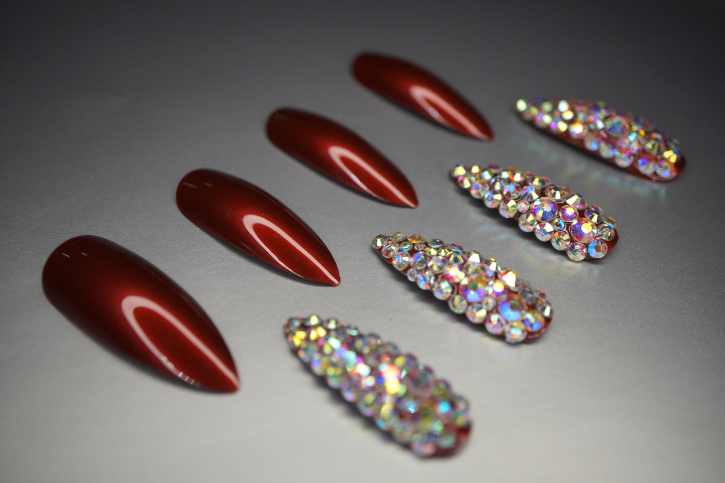 Merlot Kiss | Diamond Red Burgundy | 3D Crystal Design | Nail Art | Glossy | Sharp, Stiletto | Extra Long | Reusable Press On Nails Set