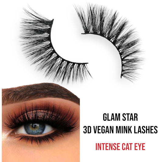 Glam Star | 3D Vegan Mink | Double-Layered | Cat-Eye | Dramatic | Extra Long | 100% Cotton Fiber Band | False Eyelashes