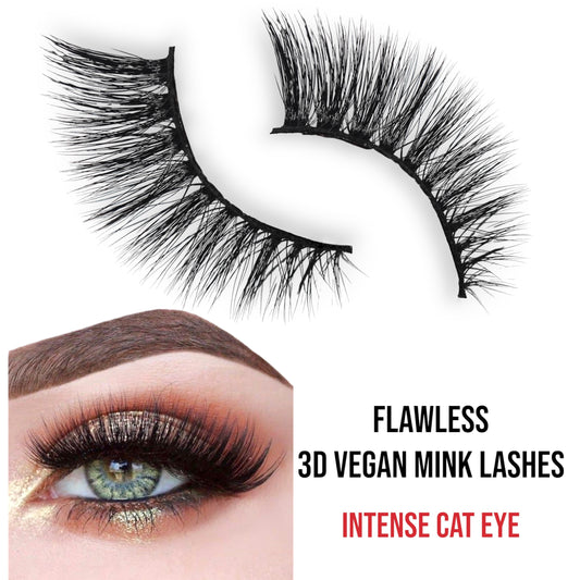 Flawless | 3D Vegan Mink | Double-Layered | Cat-Eye | Extra Long | 100% Cotton Fiber Band | False Eyelashes