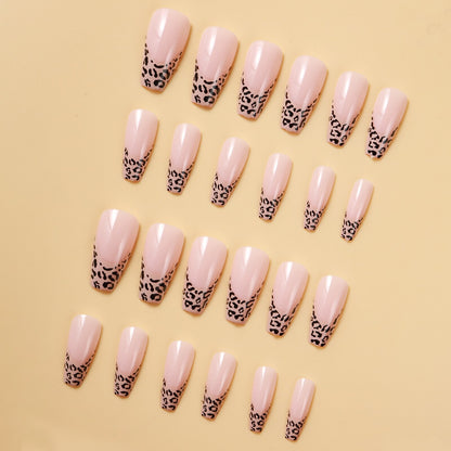 Wild Meow | Nude Pink, Black Cheetah French | Animal Print | Glossy | Ballerina | Extra Long | Reusable Press On Nails Set