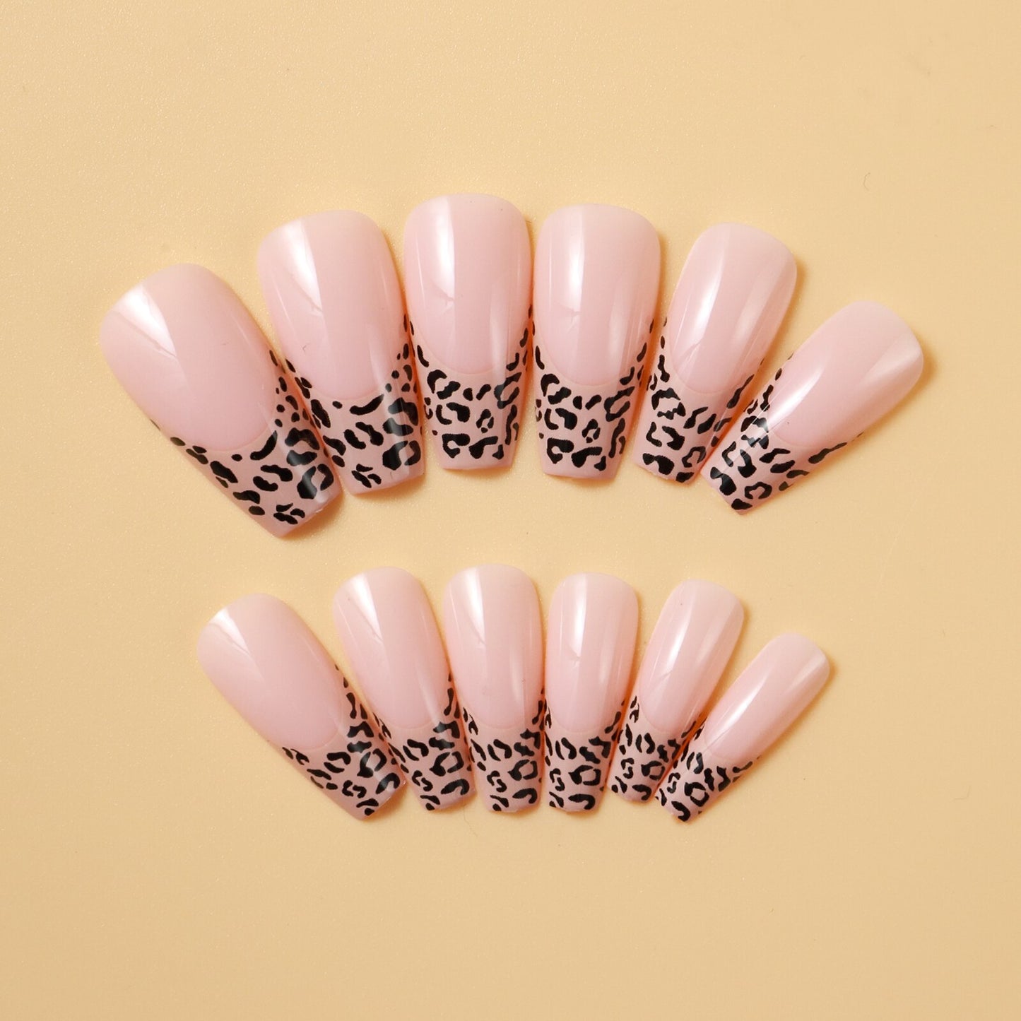 Wild Meow | Nude Pink, Black Cheetah French | Animal Print | Glossy | Ballerina | Extra Long | Reusable Press On Nails Set