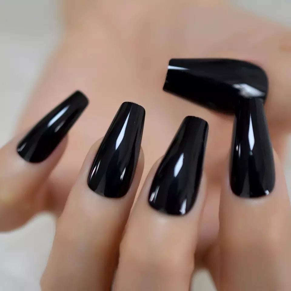 Noir Majesty | Black | Glossy | Halloween Design | Ballerina | Extra Long | Reusable Press On Nails Set