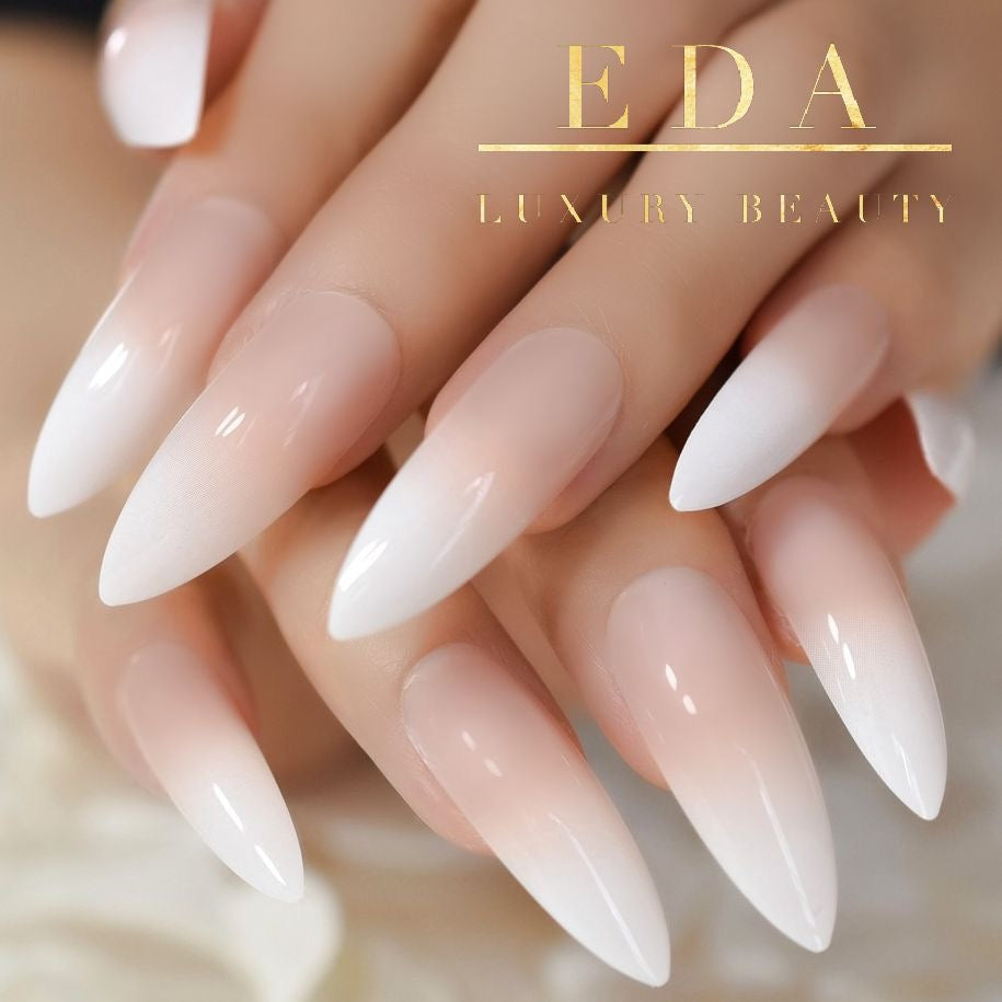 Bare Elegance | Natural | Nude Pink, Ombre White French | Glossy | Sharp, Stiletto | Extra Long | Reusable Press On Nails Set