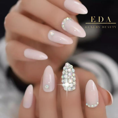 Prism Glow | Diamond Nude Pink | 3D Crystal Design | Nail Art | Glossy | Stiletto | Long | Reusable Press On Nails Set