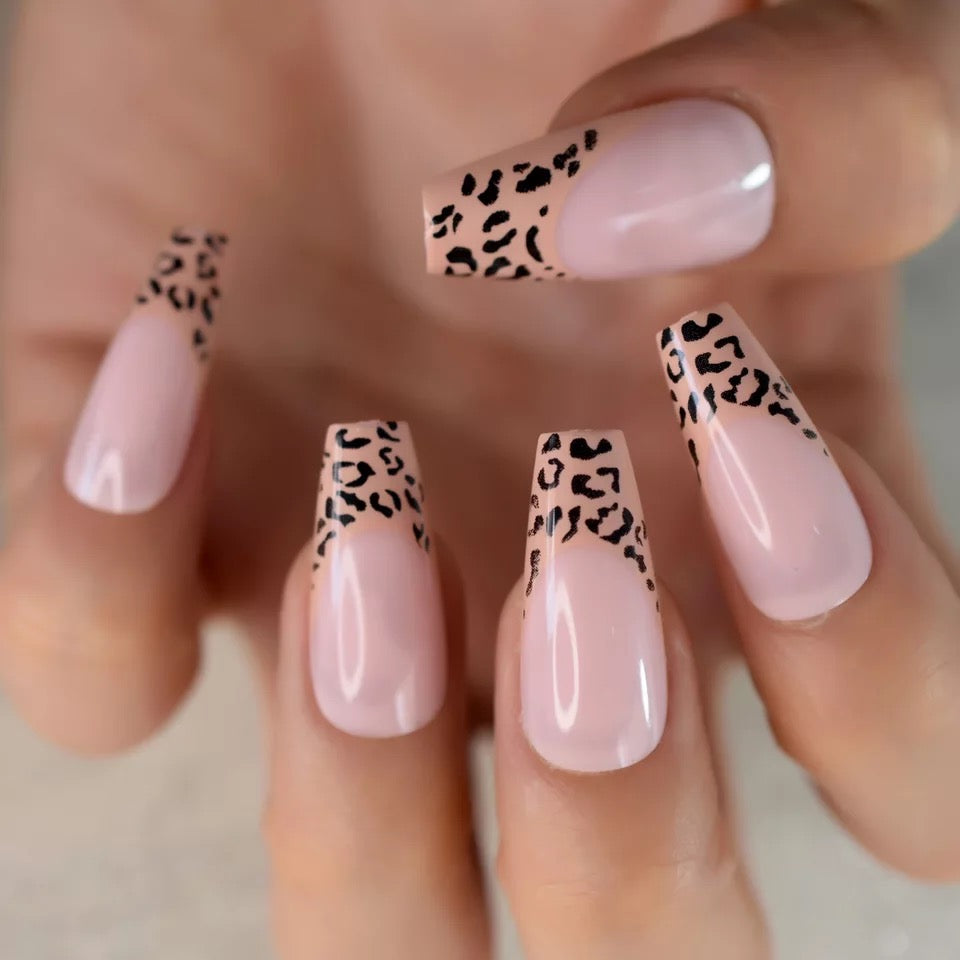 Wild Meow | Nude Pink, Black Cheetah French | Animal Print | Glossy | Ballerina | Extra Long | Reusable Press On Nails Set