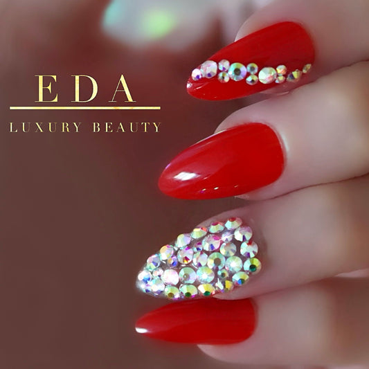 Passion Chic | Diamond Red | 3D Crystal Design | Nail Art | Glossy | Stiletto | Long | Reusable Press On Nails Set